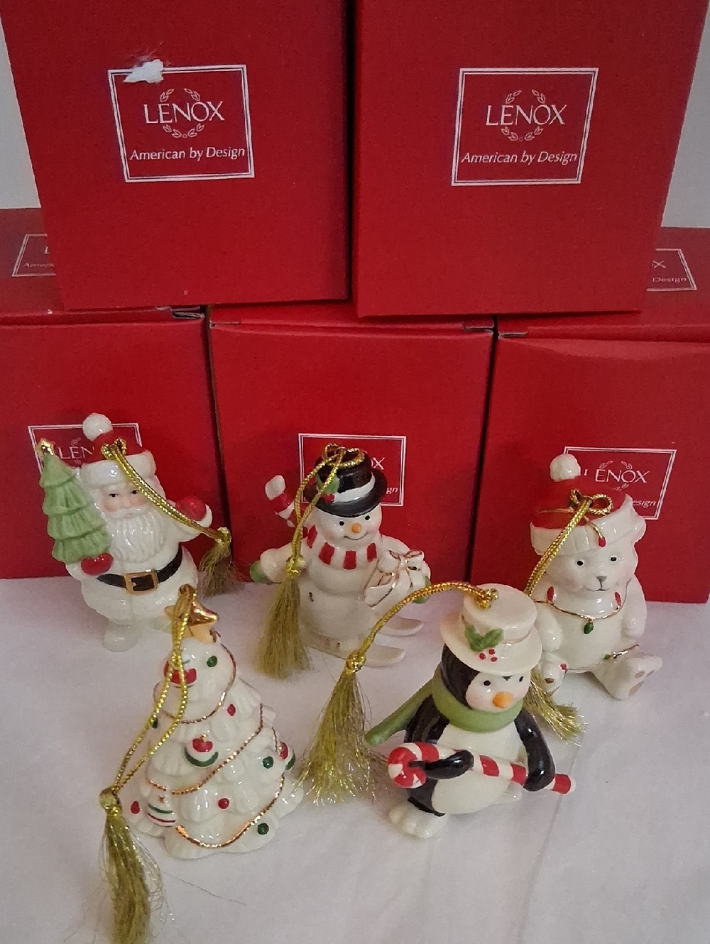 LENOX Ornaments Set Of 5, Penguin, Santa, Teddy Bear, Snowman, Tree
